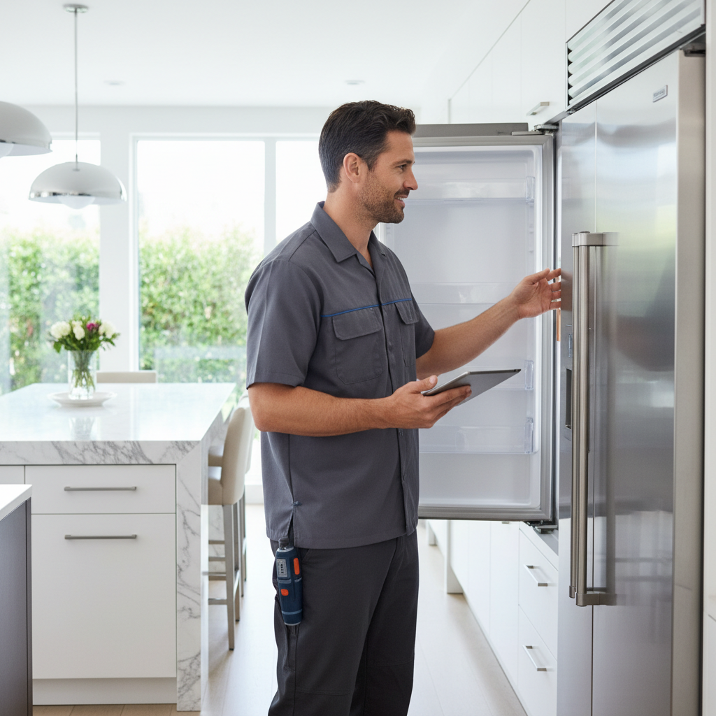 Professional technician inspecting a built-in refrigerator